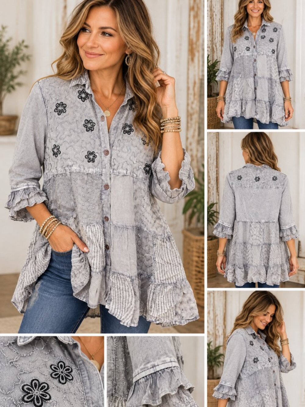 Young Threads Chambray Floral Embroidered Patchwork Tiered Tunic Top / Cardigan